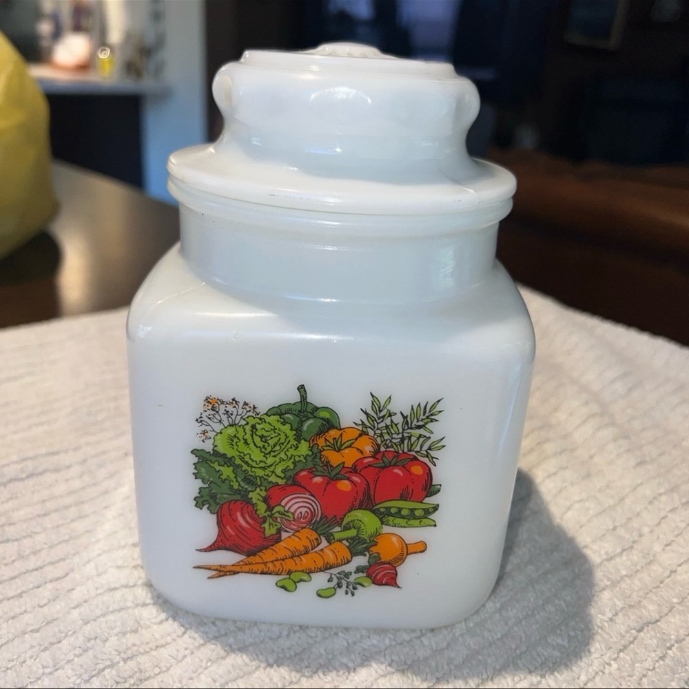 VNTG (1970’S) MILK GLASS CANISTER BY JEANNETTE GLASS W/ VEGETABLE PATTERN DECAL